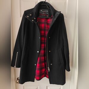 Moose Knuckles x Jacques Strappe Black Wool Coat with Red Plaid Lining